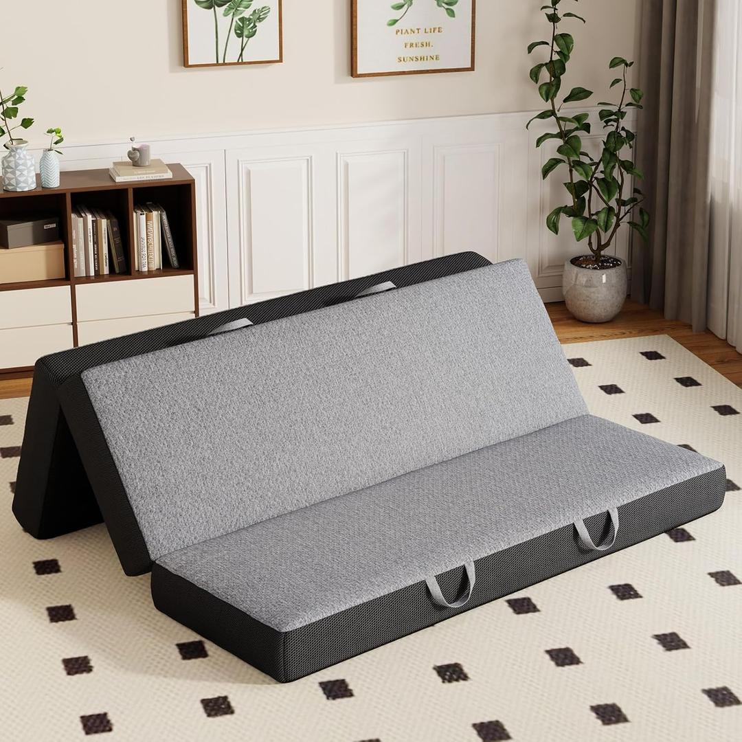 Vamcheer Tri Folding Mattress King Size - 6 Inch Foldable Mattress for Travel/RV/Camping/Guest Room/Yoga, Tri-fold Memory Foam Cushion with Washable Cover, Handle & Non-Slip Bottom, 80"x76"x6"