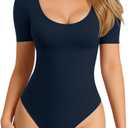 MANGOPOP Long Short Sleeve Bodysuits for Women Scoop Neck Ribbed Body Suit Stretchy Basic T Shirt Tops (Small)