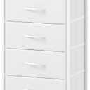 Somdot White Nightstand with Charging Station and LED Light for Bedroom, Tall 5 Drawers Dresser with Fabric Bins for Bedside Kids Dorm Room Closet Laundry Entryway, White Leather