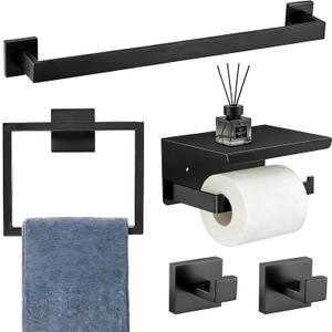 5-Pieces Matte Black Bathroom Accessories Set, Bathroom Hardware Set, SUS 304 Stainless Steel,16 Inch Towel Bar, Towel Holder, Updated Toilet Paper Holder Wall Mounted