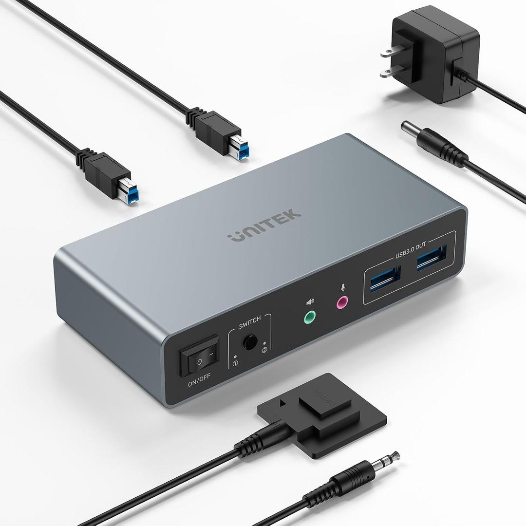 Unitek HDMI KVM Switch - 2 Monitors, 2 Computers, 4K@60Hz, Dual HDMI, 3 USB Ports for Keyboard, Mouse, Hard Drives, Mic, Headset, 2 USB-B Cables, DC 5V Adapter, Controller