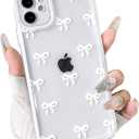 NITITOP Compatible with iPhone 12 Case Cute Clear Durable Ribbon Bowknot Pattern for Girls Women Soft TPU Transparent Full Camera Lens Shockproof Protective Phone Cover - White