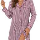 OPOIPIN Women's Long Sleeve Nightgown Button Down Sleepshirt with Pocket Printed Nightshirt Pajamas Sleepwear Burgundy X-Large