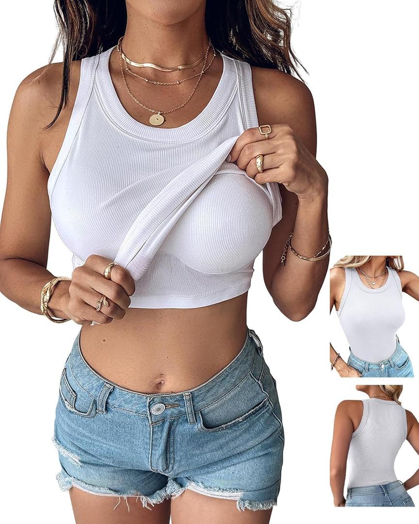 CHICME Women Built-in Bra Tank Tops Sleeveless Casual Shirts Racerback Ribbed Fitted Tank Tops (White, XL)