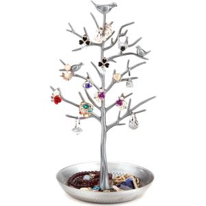 Jewelry Tree Necklace Earring Holder Modern Cute Bird Jewelry Stand for Women Girls Teen Silver