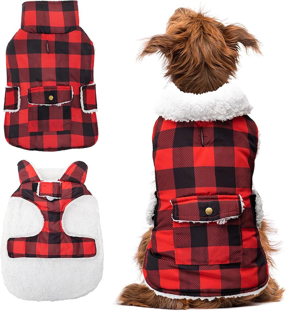 Dog Winter Coat - Windproof Fleece Warm Thick Dog Jacket Clothes for Cold Weather - Plaid Pet Vest Coat Outfits for Small Medium Large Dogs - Indoor & Outdoor Use, Size: Large (Red)