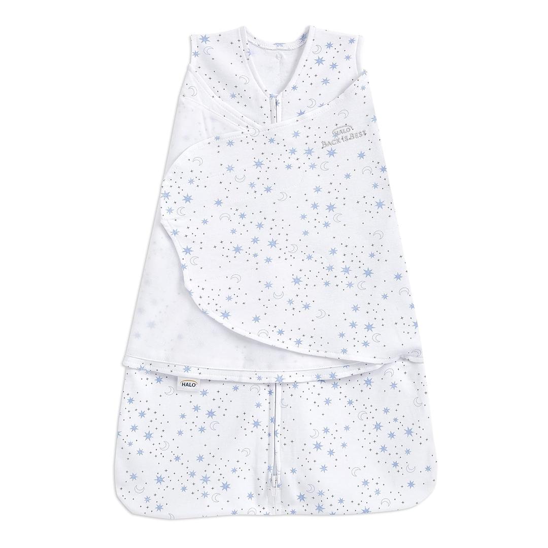 HALO 100% Cotton Sleepsack Swaddle, 3-Way Adjustable Wearable Blanket, TOG 1.5, Midnight Moons Blue, Newborn, 3-6M Months