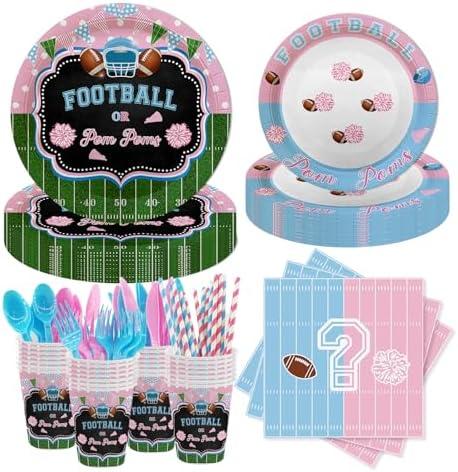 MEHOFOND 192Pcs Football Gender Reveal Party Decorations, Football Pom Poms Disposable Tableware Set, Football Paper Plates and Napkins Cups, Football Baby Shower He or She Party Decor, Serve 24