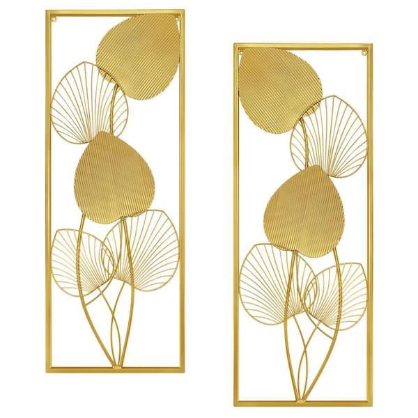 32 in. x 12 in. Gold Large Leaf Metal Wall Art for Living Room, Art Wall Sculpture, Wall Architectural Decor (Set of 2)