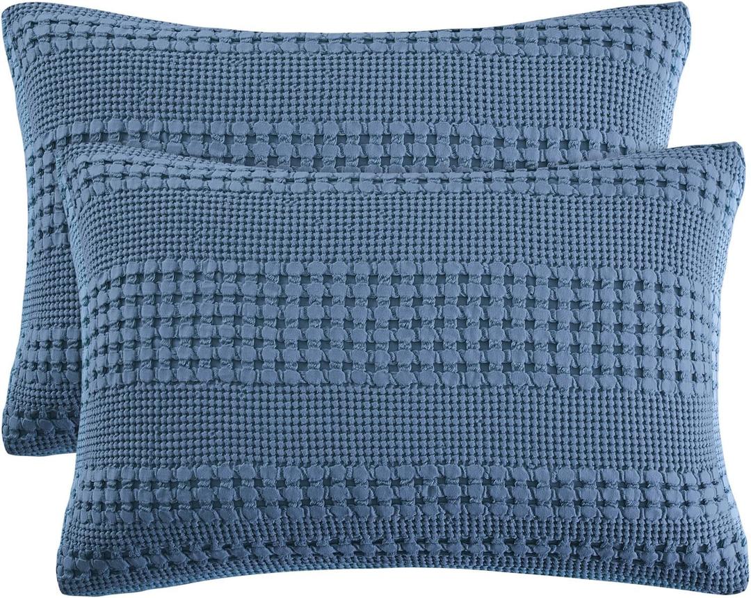 PHF 100% Cotton Waffle Pillow Shams Standard Size, 2 Pack 20" x 26" Soft Skin-Friendly Pillowcases, No Filling, Aesthetic Woven and Breathable Waffle Weave Pillow Case Covers for Bed, Denim Blue