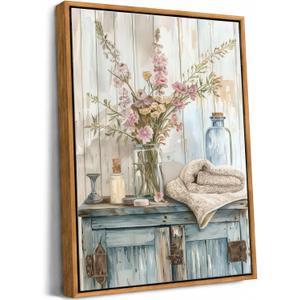 Floating Framed Blue Rustic Farmhouse Flowers Canvas Wall Art for Bathroom, 24"L x 16"W