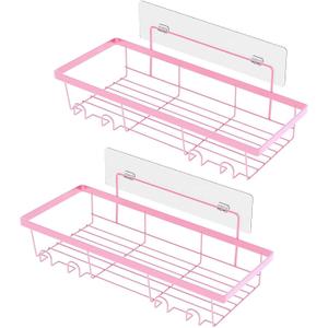 Drying Rack Metal Frame Shower Caddy 2pcs Carbon Steel Organizer Shelf Adhesive Tape Installation Hollow Bottom Design Wall-Mounted Storage Holder for Pink