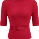 PRETTYGARDEN Womens Summer Short Sleeve Tops Boat Neck Ribbed Knit Slim Fit T Shirt Casual Basic Top 2026 Spring Clothes (Large, Red)