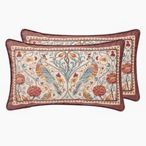 patdrea Designer Vintage Throw Pillow Covers 12"x20",Red Soft Velvet Lumbar Pillows Cover with Birds Floral Pattern,Rectangular Farmhouse Decorative Pillow for Couch Outdoor Set of 2