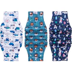 CuteBone Washable Dog Diapers Male with Snaps Reusable 3pcs a Pack Doggie Belly Band for Male Dogs Wraps KDM06M (M(14"-17"))