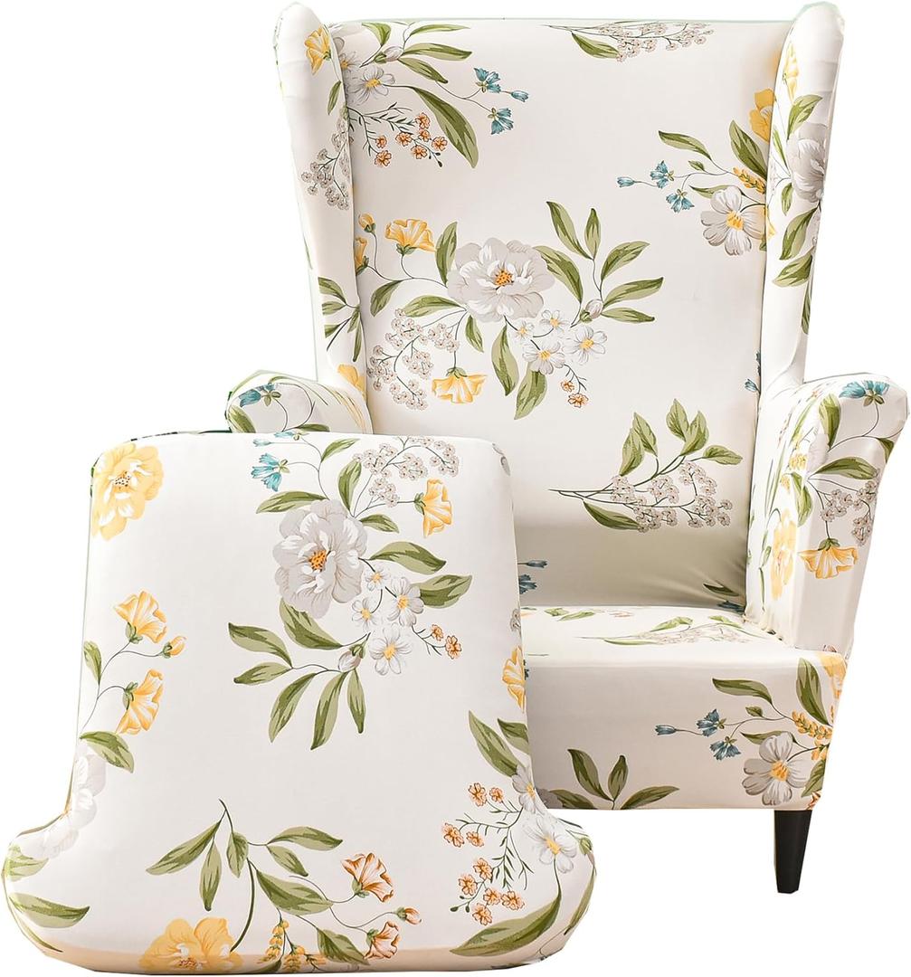 CRFATOP Wingback Chair Covers 2 Pieces Stretch Printed Wing Back Chair Cover Sofa Slipcover Washable Wingback Armchair Slipcovers Furniture Protector with Elastic Bottom for Wingback Chairs, B06