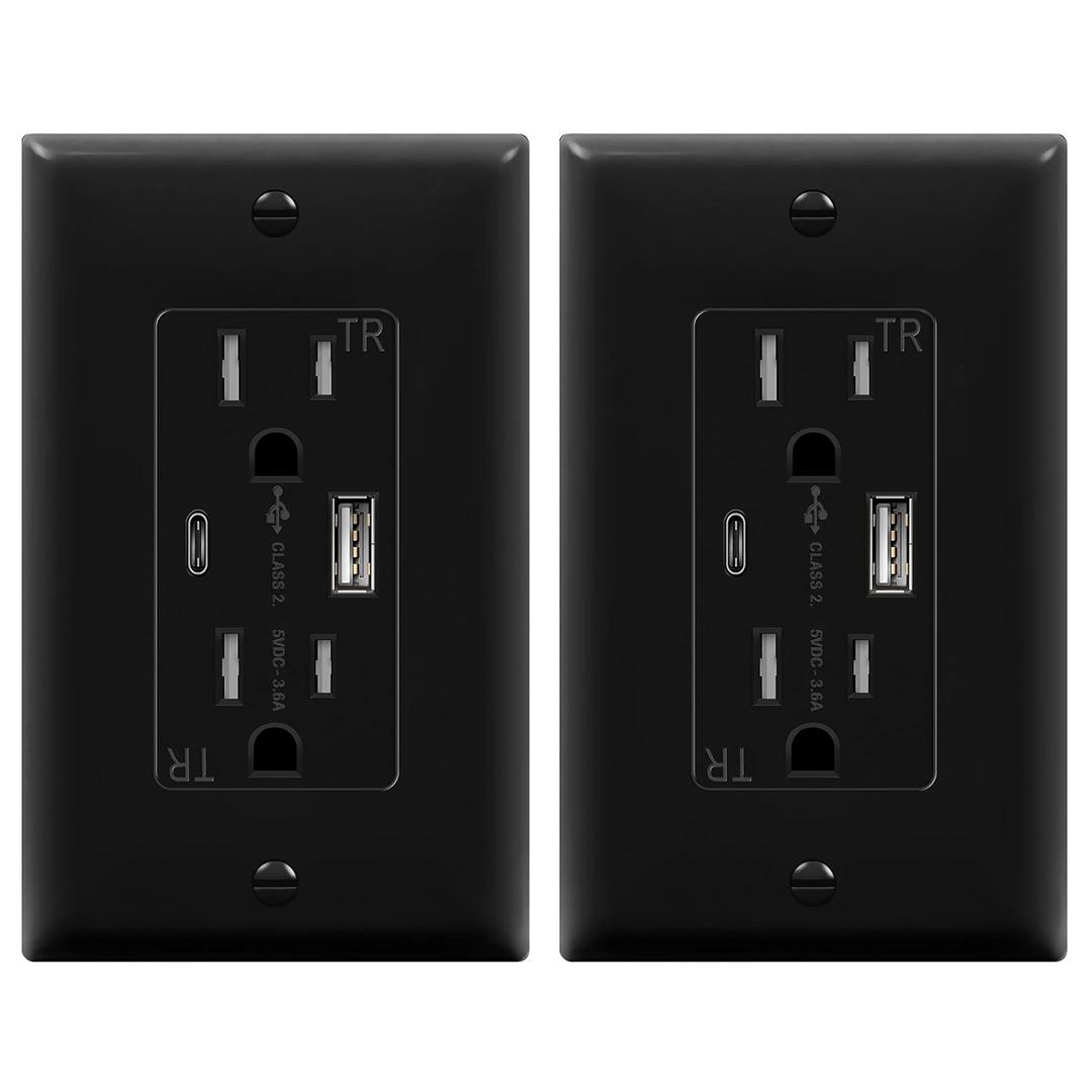 TOPGREENER 2-Port USB Outlet, Type C USB Wall Outlet, 15 Amp Tamper Resistant Receptacle Plug, USB Outlets Receptacles, Wall Plate Included, UL Listed, TU21536AC-BK-2PCS, Black, 2 Pack