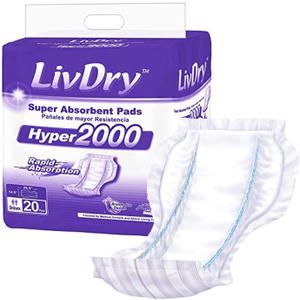 LivDry High Absorbency Pad Insert for Incontinence Briefs and Adult Diapers, Women and Men, Hyper 2000 (20 Count)
