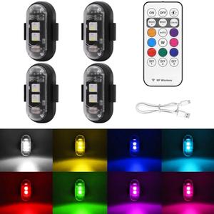 4PCS Wireless LED Strobe Lights with Remote Control, 8 Colors USB Charing Waterproof Anti-Collision Led Emergency Warning Lights for Car Motorcycle Drone Aircraft Bike