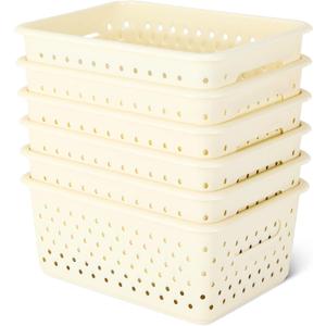 Amazon Basics Decorative Plastic Baskets BPA-Free 25.2cm x 18.8cm x 10.7cm, Ivory, Pack of 6