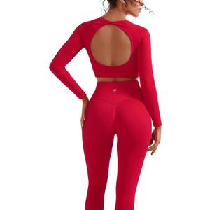 SUUKSESS Women 2 Piece Open Back Seamless Workout Sets Scrunch Booty Gym Leggings Built in Bra Crop Yoga Top (Large, Red)