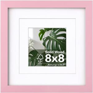 Egofine 8x8 Picture Frame Made of Solid with Plexiglass, Display Pictures 4x4/6x6 with Mat or 8x8 Without Mat for Tabletop and Wall Mounting, Pink