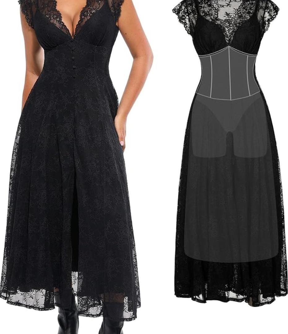 Popilush Women's Formal Wedding Guest Lace Sleeveless V Neck Maxi Shapewear Dress Evening Mother of Bride Split Dresses, L