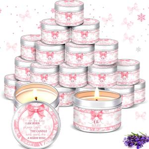 MTLEE 24 Pcs Bow Baby Shower Party Favors Candles Lavender Scented Baby Shower Favors for Guests Rustic Tealights Candles Gender Reveal Return Gifts (1.2 oz, Pink)