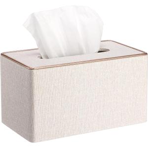 Sumnacon Rectangular Linen Tissue Box Cover - Stylish Tissue Box Holder with Magnetic Bottom, Decorative Tissue Box for Bathroom Toilet Vanity Night Stand Table Countertop Office, Beige Linen Texture (Large, Beige With Rose Gold Trim)