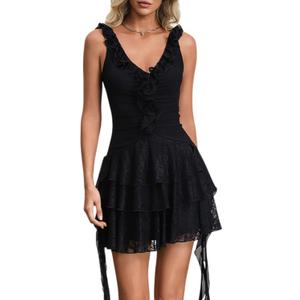 Women's Western Sleeveless Dress V Neck Cowgirl Lace Tiered Layered Music Festival Mini Dresses (Black, S)