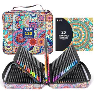H & B 120-Color Black Wood Colored Pencils Set with Coloring Book, Eraser, Sharpener - Drawing and Coloring - Artist-Grade Soft Oil-Based Cores - Works on Black Paper