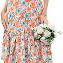 Dressystar Floral Summer Dress V Neck Midi Women Sun Dresses Short Sleeve Ruffle Casual Boho Vacation (Large, Orange Blue Flower)