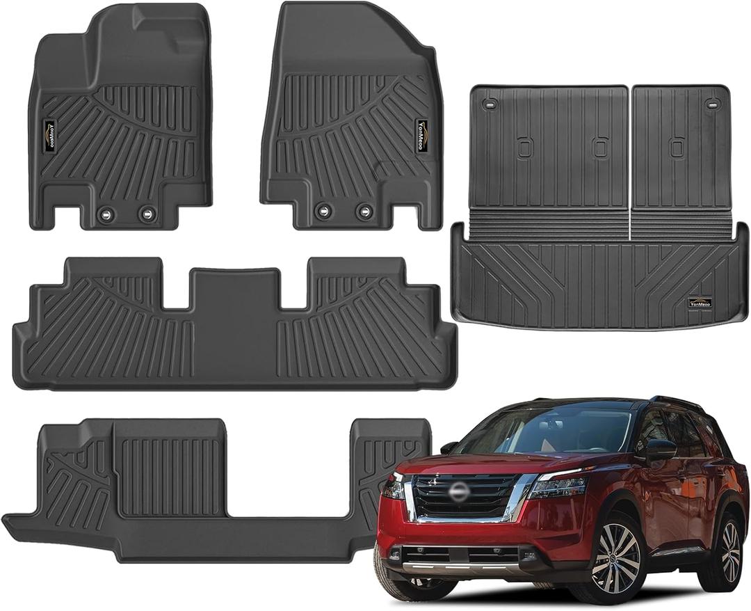 Floor Mats Custom for Nissan Pathfinder 2022-2024 2025 7&8 Seats Trunk Mat with Backrest Mat All Weather TPE Rubber Cargo Liner Full Set for Pathfinder Accessories (Trunk Mat+Backrest Mats+Floor Mats) (For Nissan Pathfinder 2022-2025)