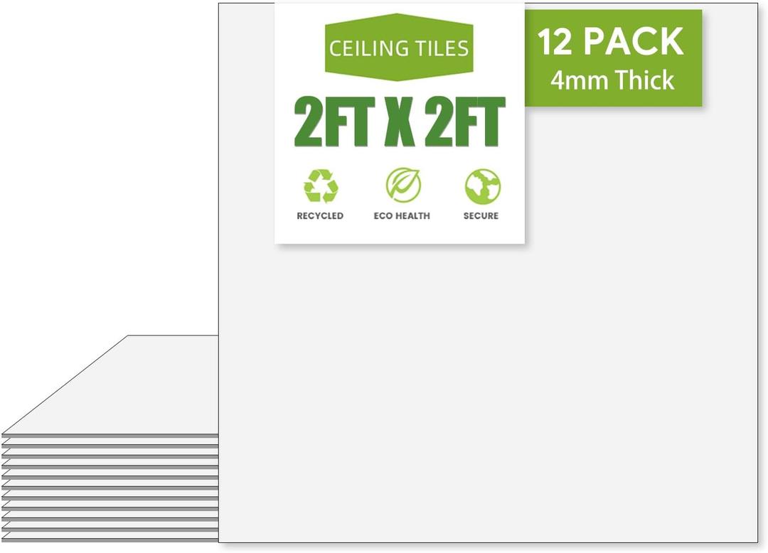 2ft x 2ft Drop Ceiling TilesSmooth White PVC Ceiling Panel 24 x 24in. Waterproof, Washable and Fire-Rated - Reusable - High-Grade PVC to Prevent Breakage-Package of 12 Tiles