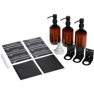 EcoAmenities Shampoo Conditioner Body Wash Dispenser for Shower - Wall Mounted Soap Dispenser for Bathroom - Refillable with Labels (3 Container Pack - Amber)