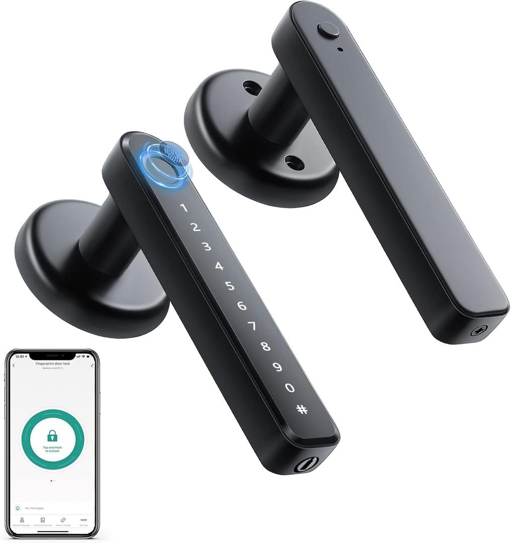IRONZON Fingerprint Door Lock Smart Door Lock with App Code Backup Key Fingerprint Smart Door Knob with Handle for Home Hotel Office Apartment Bedroom Black