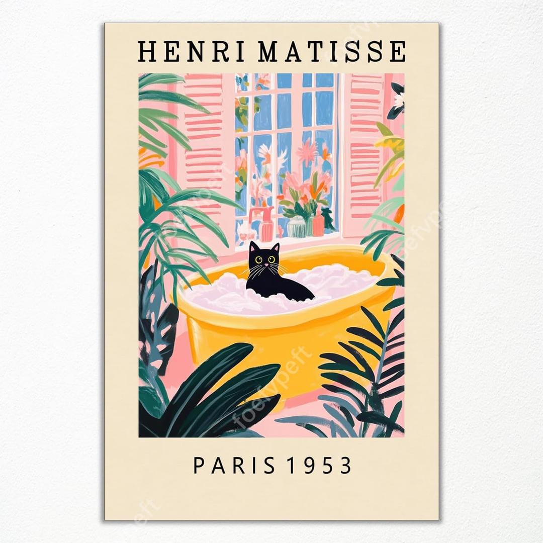 kilamino Wood Framed Funny Bathroom Wall Art, Henri Matisse Black Cat Wall Decor, Cute Black Cat Bathing Art Print, Colorful Animal Canvas Painting for Bathroom Toilet Bedroom Hallway Office 8"x10"Amazon's Choice