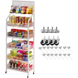 Supermarket Shelf Display Rack 4 5 Tier White Snack Rack Organizer, Large Potato Chip Rack Floor Display Stand with 4 Feet Mats/ 4 Wheels/15 Hooks, Supermarket Kitchen Dorm Standing Shelf, Size : 60x