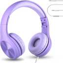 LilGadgets Connect+ Pro Wired Kids Headphones for School with Microphone, Volume Limiting Over-Ear Headset with Cord, SharePort Technology & SoftTouch Padding, Purple (Plain)
