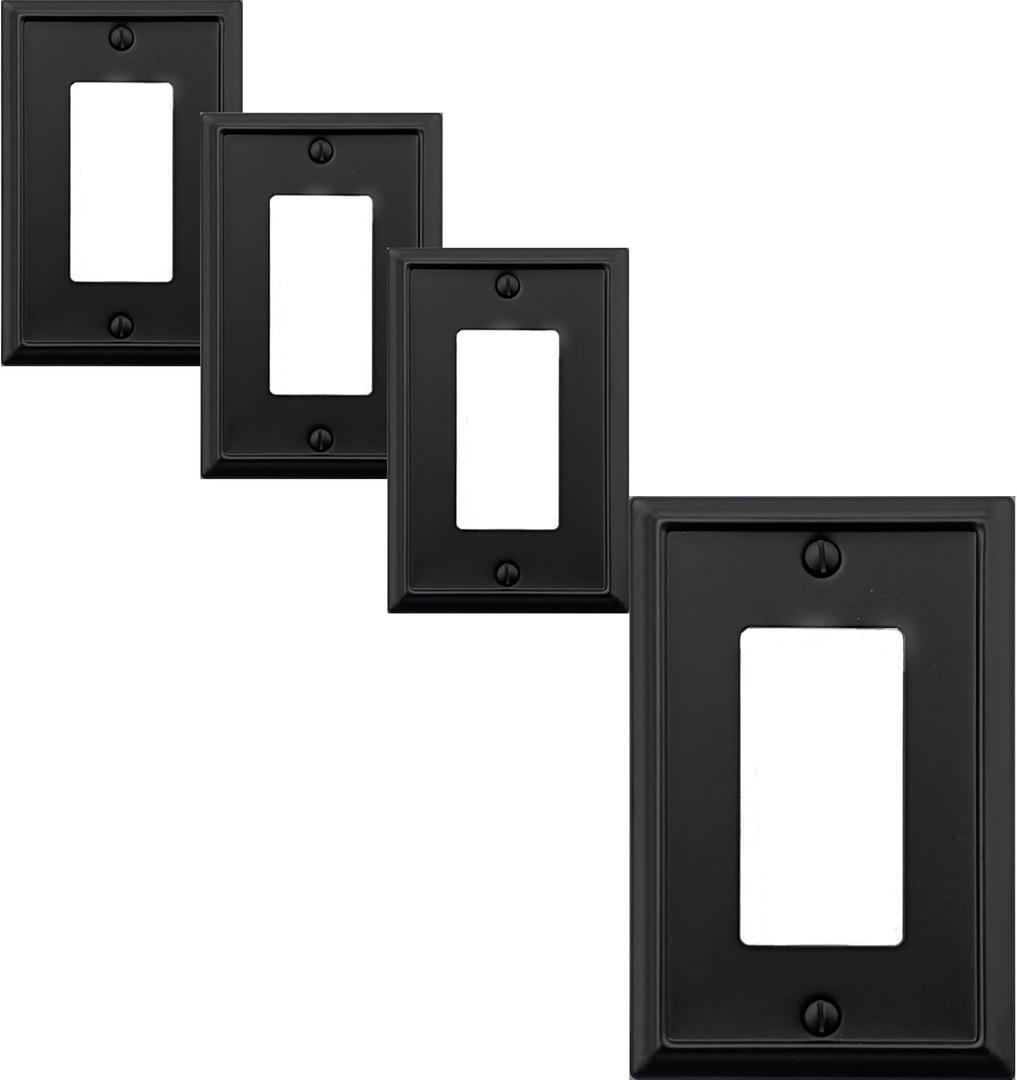 Single Decorator Light Switch Cover Aria Metal Wall Plate, 4-Pack Black 1 Gang Single Rocker, for Receptacle Dimmer Switch GFCI Outlet, Switch Cover Decorative Wallplate, Durable