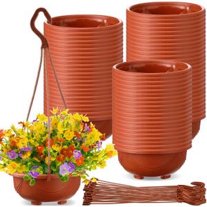 Maxcheck 60 Pcs Plastic Hanging Planter Flower Plant Pots with Hook Hanging Pot for Plants Basket Planter Holder Containers with Drainage Hole for Indoor Outdoor Garden Balcony Wall Decor, Brown
