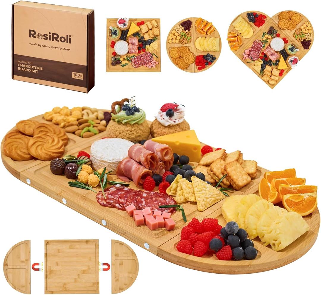 Charcuterie Board and Serving Set -Natural Bamboo Cheese Board Snack Tray Set with Magnetic - House Warming Gifts New Home, Wedding Gift for Couple, Bridal Shower Gift, Perfect for Party