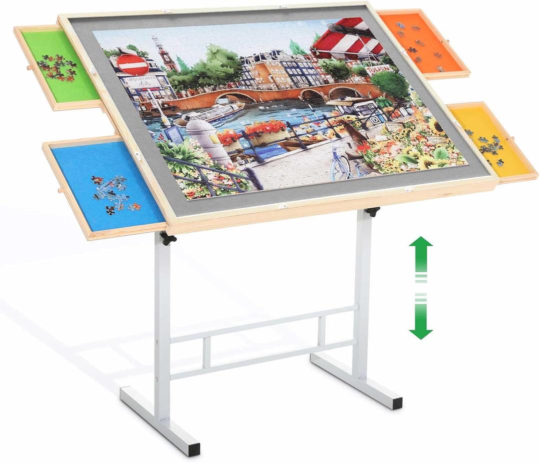 Puzzle Table with Drawers for Adults 1500 Pieces Angle & Height Adjustable Jigsaw Puzzle Table with Metal Legs 35"X26" Tilting Puzzle Board Table with Cover Birthday Gift for Mom (Gray)
