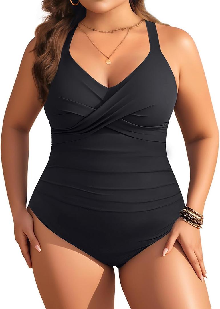 Aqua Eve Plus Size One Piece Swimsuit - Women's Tummy Control Bathing Suit Retro Full Coverage Swimwear 2025, Size: 18 Plus (Black)