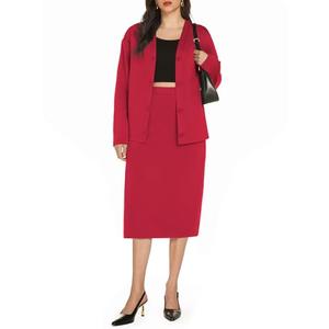 Casly Lamiit Matching Midi Skirt Sets for Women Two Piece Casual Outfits Skirts Dress Lounge Work Suit Set with Pockets Cardigan Jacket Red, S