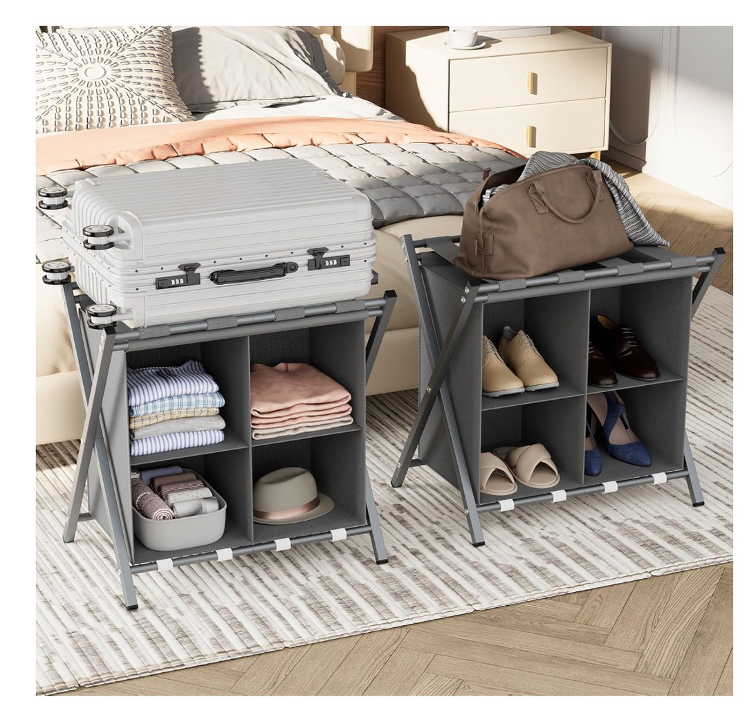 aboxoo 2 Pack Luggage Rack with storage, Guest Room Folding Suitcase Stands, Holds up to 120 lb, Space Saving Suitcase Holders for guest room, Bedroom Hotel, Grey