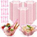 Patelai 50 Pack 8 oz Pink Desset Cups with Spoons Disposable Ice Cream Sundae Bowls Flower Shape Clear Plastic Small Party Serving Cups for Ice Parfait Strawberry Yogurt