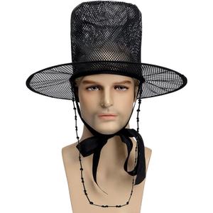 Vintage Style Black Mesh Top Hat with Beaded Neck Strap, Wide Brim Costume Accessory, Gothic Victorian Design