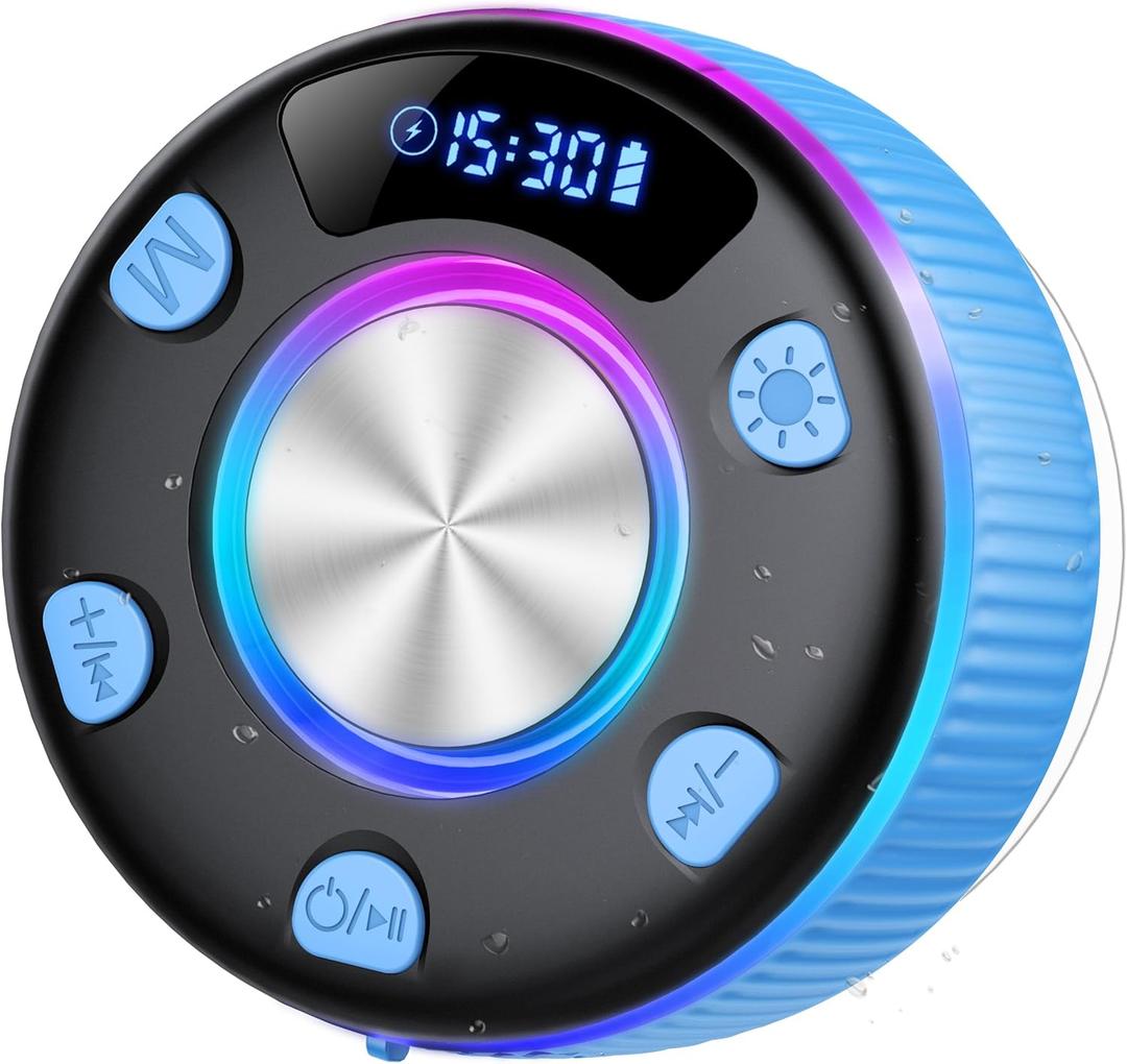 Bluetooth Shower Speaker, Portable Bluetooth 5.3 Speakers Wireless with Time Display, IP7 Waterproof Speakers with RGB Light, Suction Cup, Mini Stereo Speaker for Bathroom Party Beach Outdoor, Azure