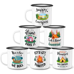 Baderke 6 Pcs Enamel Camping Mugs Set 12 oz Coffee Mugs with Handle Portable Camp Drinking Cups Vintage Metal Mug Bulk Happy Campers Campfire Tea Cups for Outdoor Travel Camping Holiday Gifts(White)